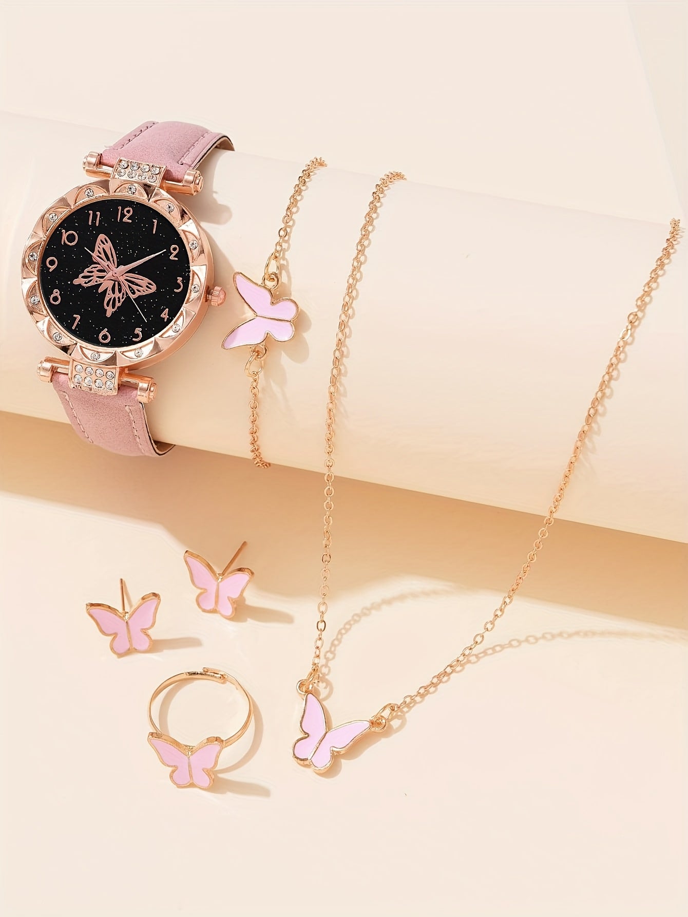 6pcs Lovely Pink Butterfly Shell Quartz Watch, Bracelet, Necklace & Earrings Set - Pointer Display, Electronic Quartz Movement, Non-Rechargeable Battery – Ideal Gift for Valentine’s Day, Easter & Eid al-Fitr – Best Pres